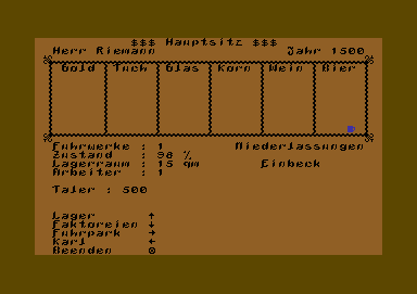 Fugger (Commodore 64) screenshot: At your head office, manage your storage or your vehicle fleet, for example.