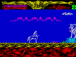 Mythos (ZX Spectrum) screenshot: The thing on the right spits snakes. Any contact with a snake is fatal. Evan coming close to one costs a life. Avoid at all costs