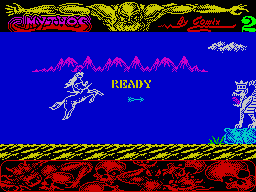 Mythos (ZX Spectrum) screenshot: Second life. Started shooting arrows straight away but the snake spitting thing seems immune.