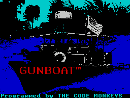 Gunboat (ZX Spectrum) screenshot: After the Accolade screen loading the game displays this screen - must be the gun boat at night. Credits are displayed along the bottom edge