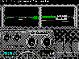 Gunboat (ZX Spectrum) screenshot: While driving around the boat comes under heavy and sustained fire. It seems to get hit every few seconds. Fortunately these messages are followed by a 'No Damage Possible' message