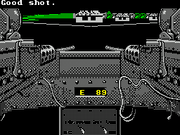Gunboat (ZX Spectrum) screenshot: The gun must be swung around to find a target. The boat moves up and down in the water and shots sometimes land to the left/right of where they're expected to