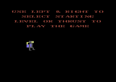 Jet Power Jack (Commodore 64) screenshot: Level select screen. The number of walking men denotes the level number.