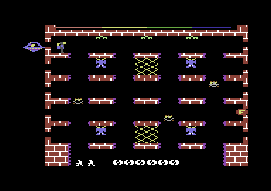 Jet Power Jack (Commodore 64) screenshot: Level one: The Fuel is on the right, the space ship waiting to be fueled is on the left.