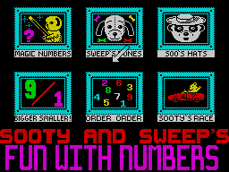 Sooty's Fun With Numbers (ZX Spectrum) screenshot: The game menu. There are six mini games in this package