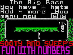 Sooty's Fun With Numbers (ZX Spectrum) screenshot: Sooty's Race In this game the player must answer simple maths questions to move Sooty round the track. The aim is to complete a circuit before Sweep