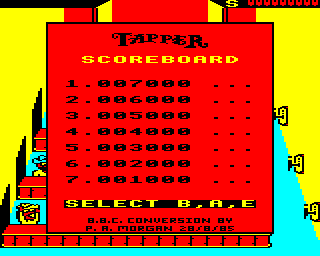 Tapper (BBC Micro) screenshot: Title and high score page