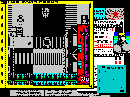 Soviet (ZX Spectrum) screenshot: There are lots of cars like the dark(er) car at the top of the screen. They do a lot of damage.