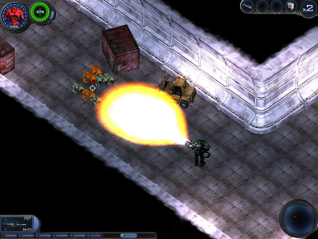 Alien Shooter: Revisited (Windows) screenshot: Ah, a flame thrower...now let's make'em bacon!