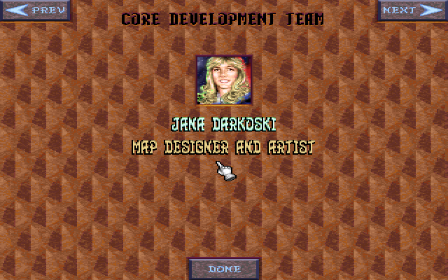 Blood & Magic (DOS) screenshot: Credits screen: even the developers are portrayed as drawings consistent with game style