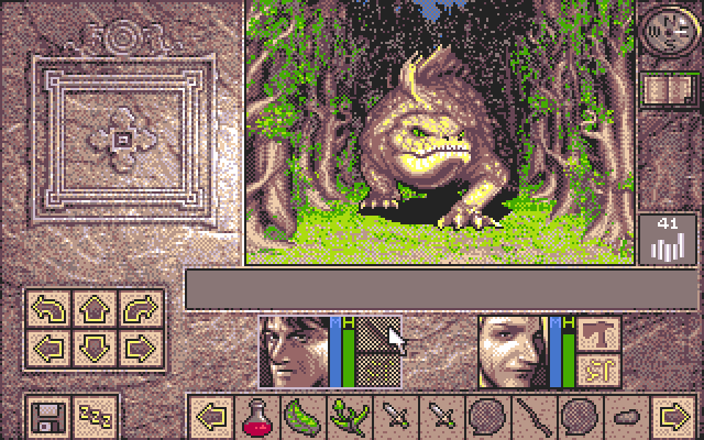 Lands of Lore: The Throne of Chaos (PC-98) screenshot: Fighting a creature in the wild.