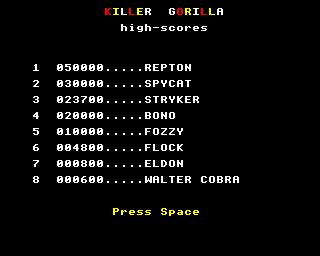 Killer Gorilla (Electron) screenshot: High scores