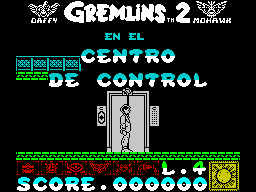 Gremlins 2: The New Batch (ZX Spectrum) screenshot: The start of the game. The player arrives in the lift, the doors open, the character steps out, and the game commences. The game starts with 4 lives