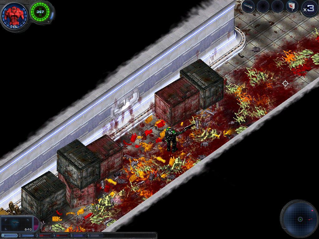 Alien Shooter: Revisited (Windows) screenshot: There is more than just a cleaning bot needed to remove that mess.