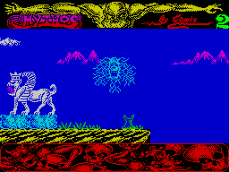 Mythos (ZX Spectrum) screenshot: Past one un-killable thing and landed on another. That green blob just grew out of the grass as ho came in to land