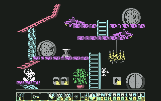Olli & Lissa 3: The Candlelight Adventure (Commodore 64) screenshot: Picking up an item is quite an achievement for Olli.