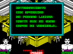 Poli Díaz (ZX Spectrum) screenshot: A sparring session. Poli must defeat the sparring partner before being allowed to fight any 'real' fights