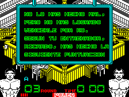 Poli Díaz (ZX Spectrum) screenshot: "You have not done it badly, but you have not managed to win to him by KO. According to your trainer, Ricardo, you have scored the following points"