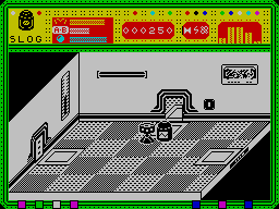 The Fifth Quadrant (ZX Spectrum) screenshot: SLOG dealing with a robot