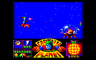 Captain Planet and the Planeteers (Amstrad CPC) screenshot: Boss fight against Sly Sludge (?)