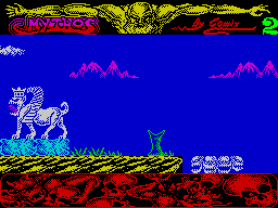 Mythos (ZX Spectrum) screenshot: Immediately after the green blob were four dancing skulls.