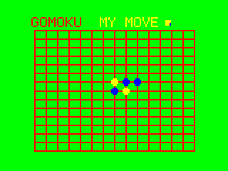Gomoku / Renju (TRS-80 CoCo) screenshot: Computer thinking