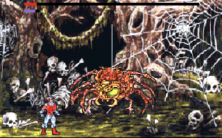 CyberGenic Ranger: Secret of the Seventh Planet (DOS) screenshot: 3rd Planet Boss - Deploy bombs to kill this giant spider and keep moving to avoid its fireballs