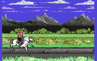 Wrath of the Demon (Commodore 64) screenshot: The first stage consists of horse riding while avoiding obstacles and punching flying enemies.