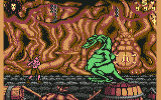 Wrath of the Demon (Commodore 64) screenshot: The third stage is "just" the battle against this giant, green monster.
