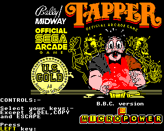 Tapper (BBC Micro) screenshot: Loading screen and key selection