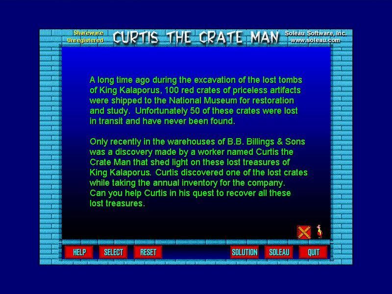 Crate Man (Windows) screenshot: The title screen is used to display the game's storyline