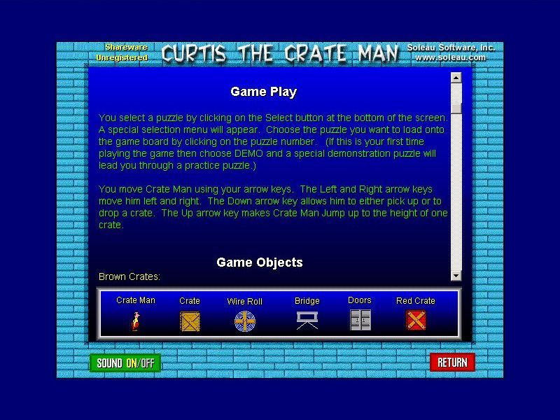 Crate Man (Windows) screenshot: There is in-game help. this screen explains the keyboard controls