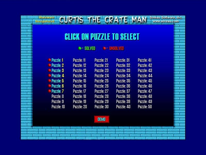 Crate Man (Windows) screenshot: The puzzle selection screen, this is the shareware version so many puzzles are greyed out
