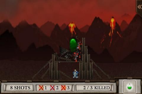 Crush the Castle (iPhone) screenshot: Acid potion - dissolves structures, people and anything it touches