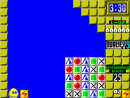 Plotting (ZX Spectrum) screenshot: Start of game 1. The objective is to reduce the stack to 9 blocks. The block to be fired is a Zapper, it will kill any block it hits.