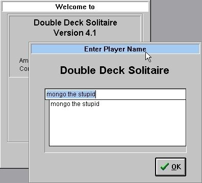 Double Deck Solitaire (Windows 3.x) screenshot: The game opens with a small window showing the program name and other details. This is quickly overlaid with a logon screen that has a default name just begging to be changed