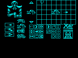 X-Out (ZX Spectrum) screenshot: Before starting the player must select and equip a ship. Items are bought by positioning the cursor over an them, selecting it, then positioning it on the grid