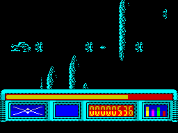 X-Out (ZX Spectrum) screenshot: These beasties seen immune to whatever is being shot at them. The ships 'health' deteriorates with each contact