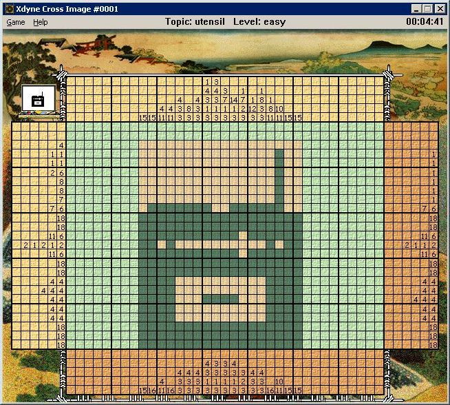 Cross Image (Windows) screenshot: Using the information the player reconstructs the picture that's in the top left of the game area. This one is a radio which is confusingly classes as a utensil