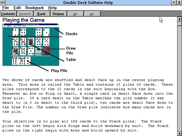 Double Deck Solitaire (Windows 16-bit) screenshot: The game has a good help file which is accessed via the menu bar.