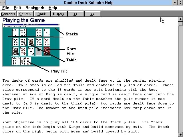 Double Deck Solitaire (Windows 3.x) screenshot: The game has a good help file which is accessed via the menu bar.