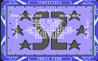 Speedball 2: Brutal Deluxe (Commodore 64) screenshot: Match statistics