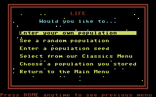 Golden Oldies: Volume 1 - Computer Software Classics (Commodore 64) screenshot: Life - Options.