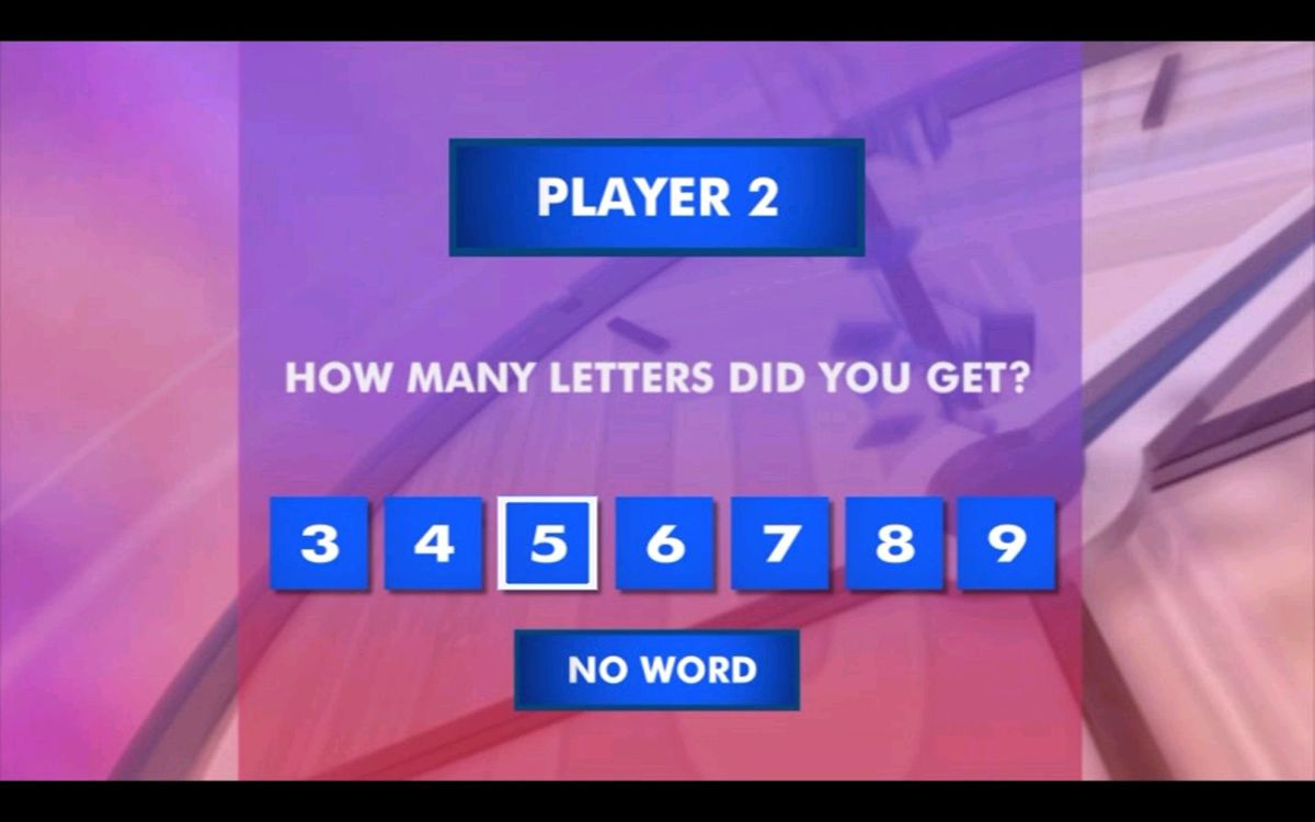 Countdown: DVD Game (DVD Player) screenshot: The Letters Round: When the timer has expired the players are each asked for their longest word