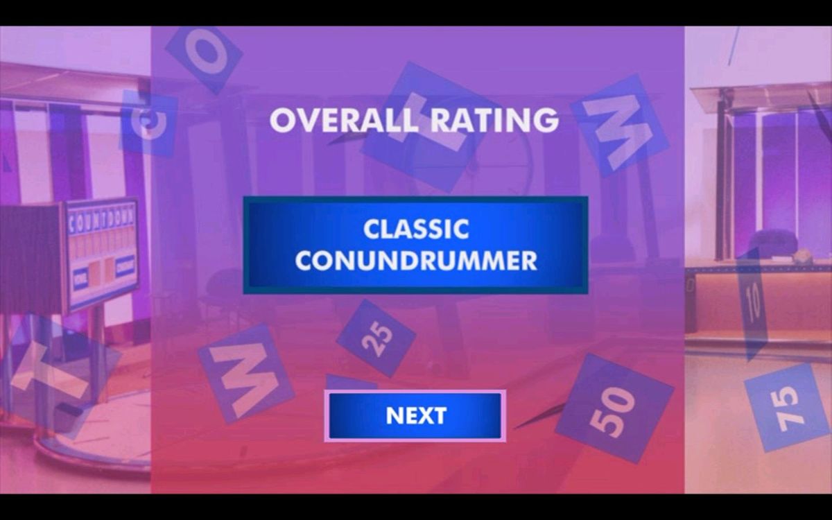 Countdown: DVD Game (DVD Player) screenshot: The Conundrum Game: When all five puzzles have been completed, successfully or otherwise, the player is given their rating