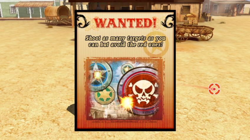 Wild West Guns (Wii) screenshot: Each scenario starts with a wanted poster that shows the main objective.