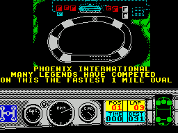Days of Thunder (ZX Spectrum) screenshot: Lining up for the Phoenix International race. Its a 14 lap race round an oval track, how hard can that be....