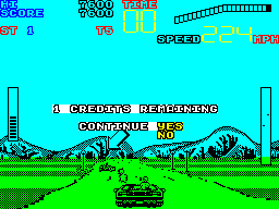 S.C.I.: Special Criminal Investigation (ZX Spectrum) screenshot: If the car is not stopped before the timer runs out, another life is lost. Fortunately the game resumes in the same place with no loss of damage to the bad guys car.