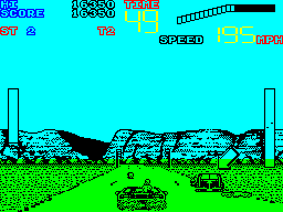 S.C.I.: Special Criminal Investigation (ZX Spectrum) screenshot: Caught the wagon, now to do damage. The small round objects in front of the chase car are shots that missed and hit the road. Good job standard ammo is not limited