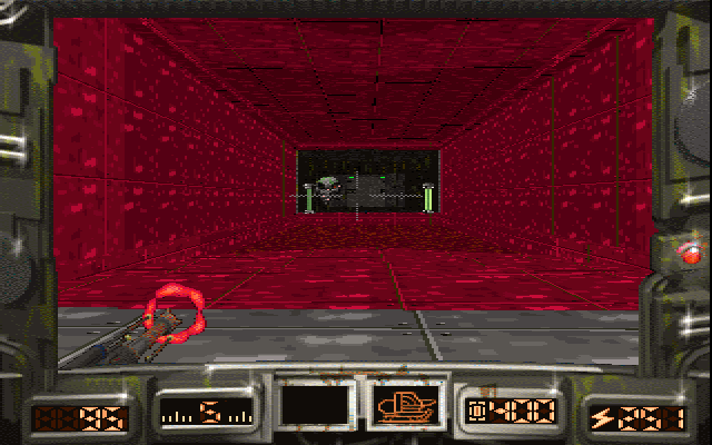 Skaphander: Der Auftrag (DOS) screenshot: You must shoot this demonic visage to make the lava disappear. Don't ask.